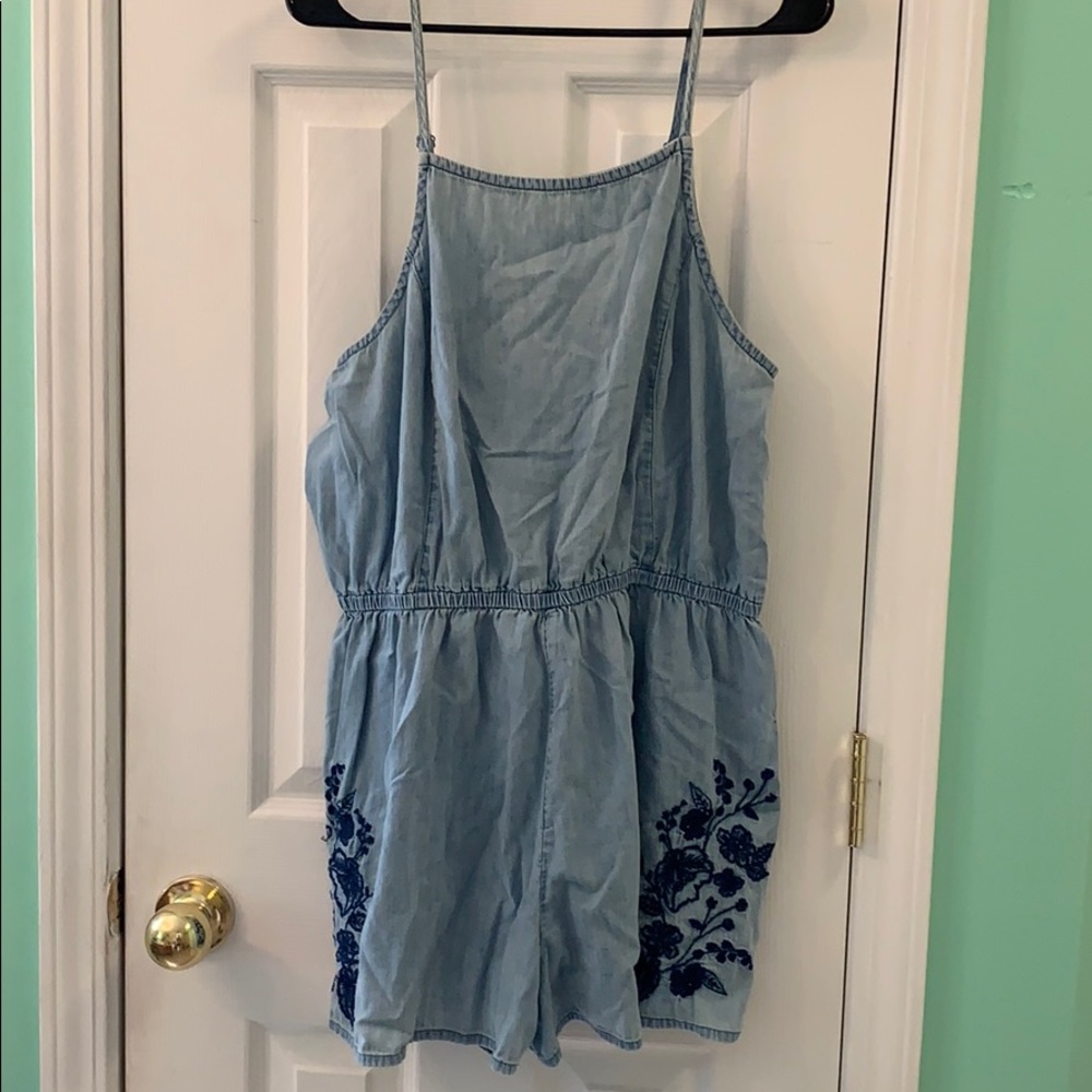 Embroidered denim romper